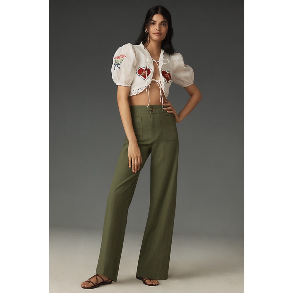 Anthropologie Maeve | The Colette Full Length Wide Leg Pants NWT Olive Green 29